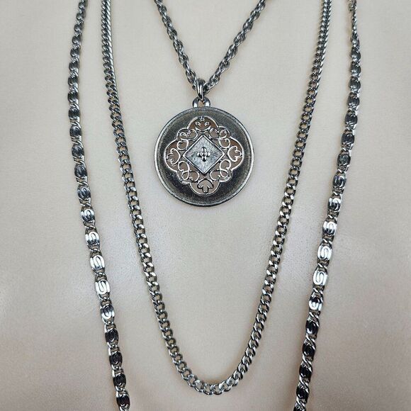 Vtg Triple 3 Strand Necklace Ornate Filigree Pendant Silver Tone Chain Rope Curb - Picture 2 of 12